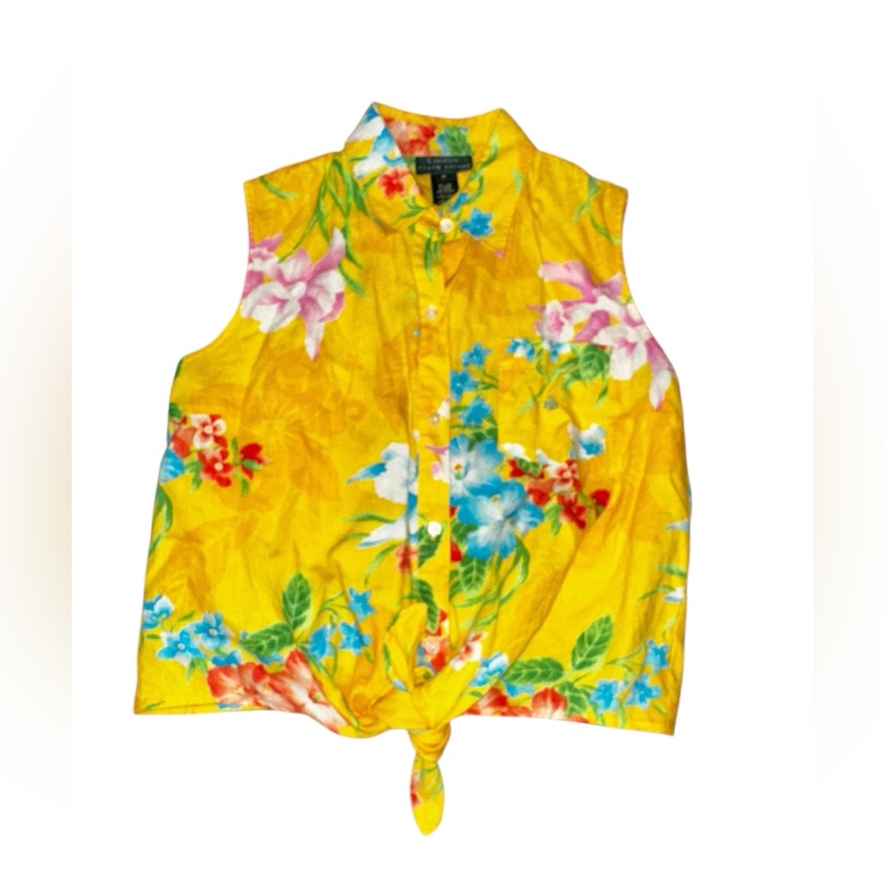 Ralph Lauren Small-Petite Floral Linen Button-Up‎ Sleeveless Tie-Front Women Top